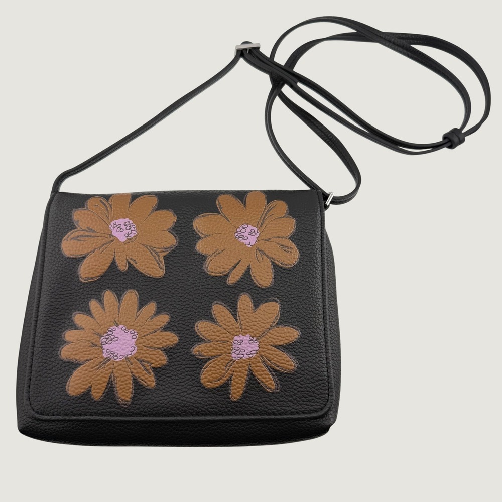 Vera Bradley Crossbody Purse Black Floral Pebbled Leather 8x7"